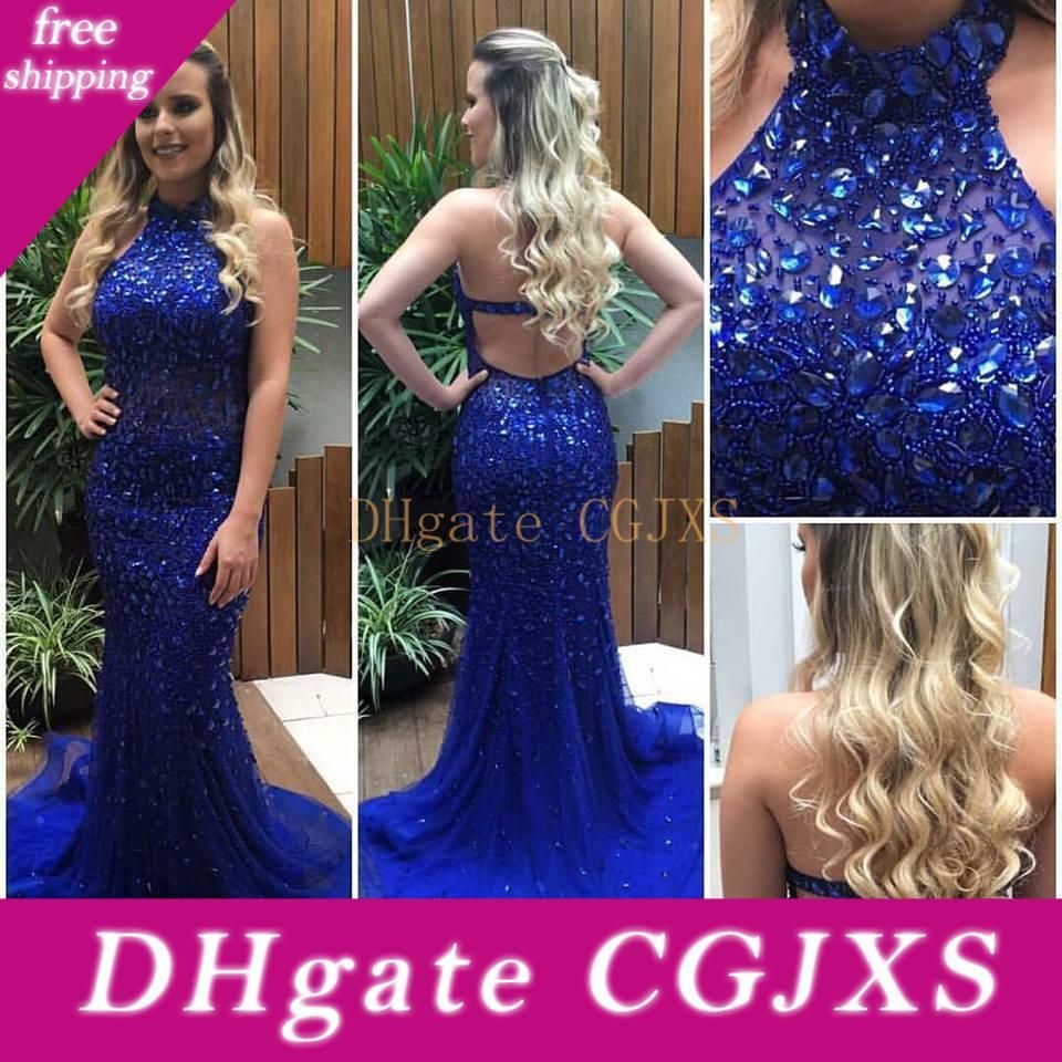 royal blue rhinestone prom dress