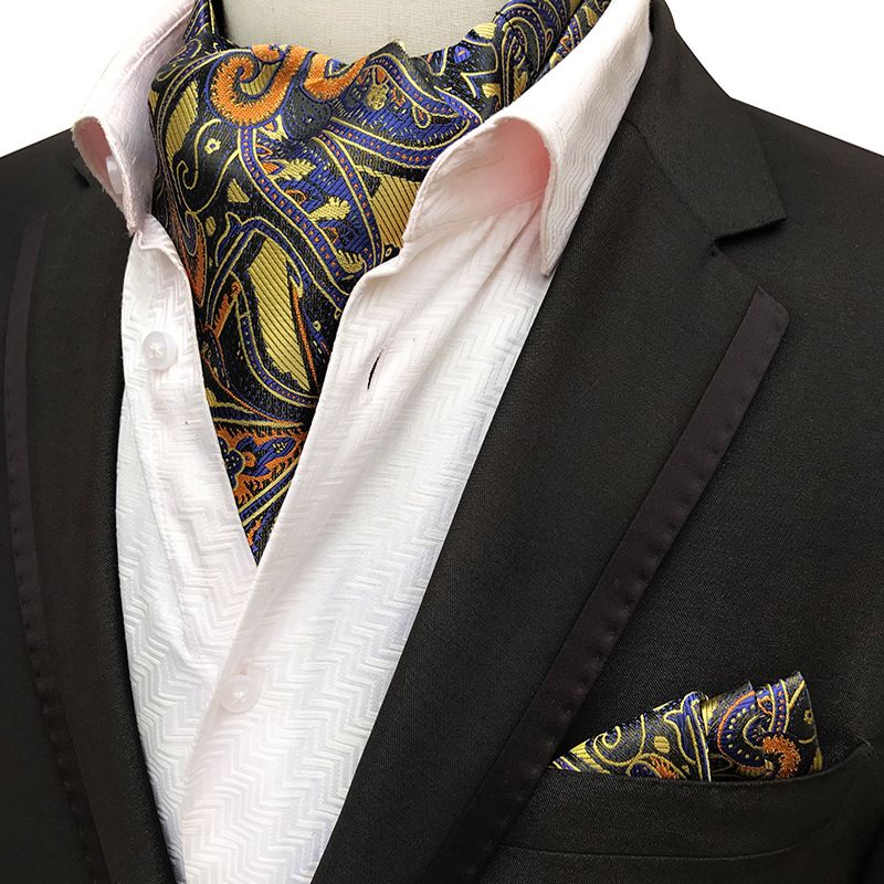 HISDERN Cravat Ascot Tie Combo for Men Neck Scarf and Pocket Square 3-Pack Set 