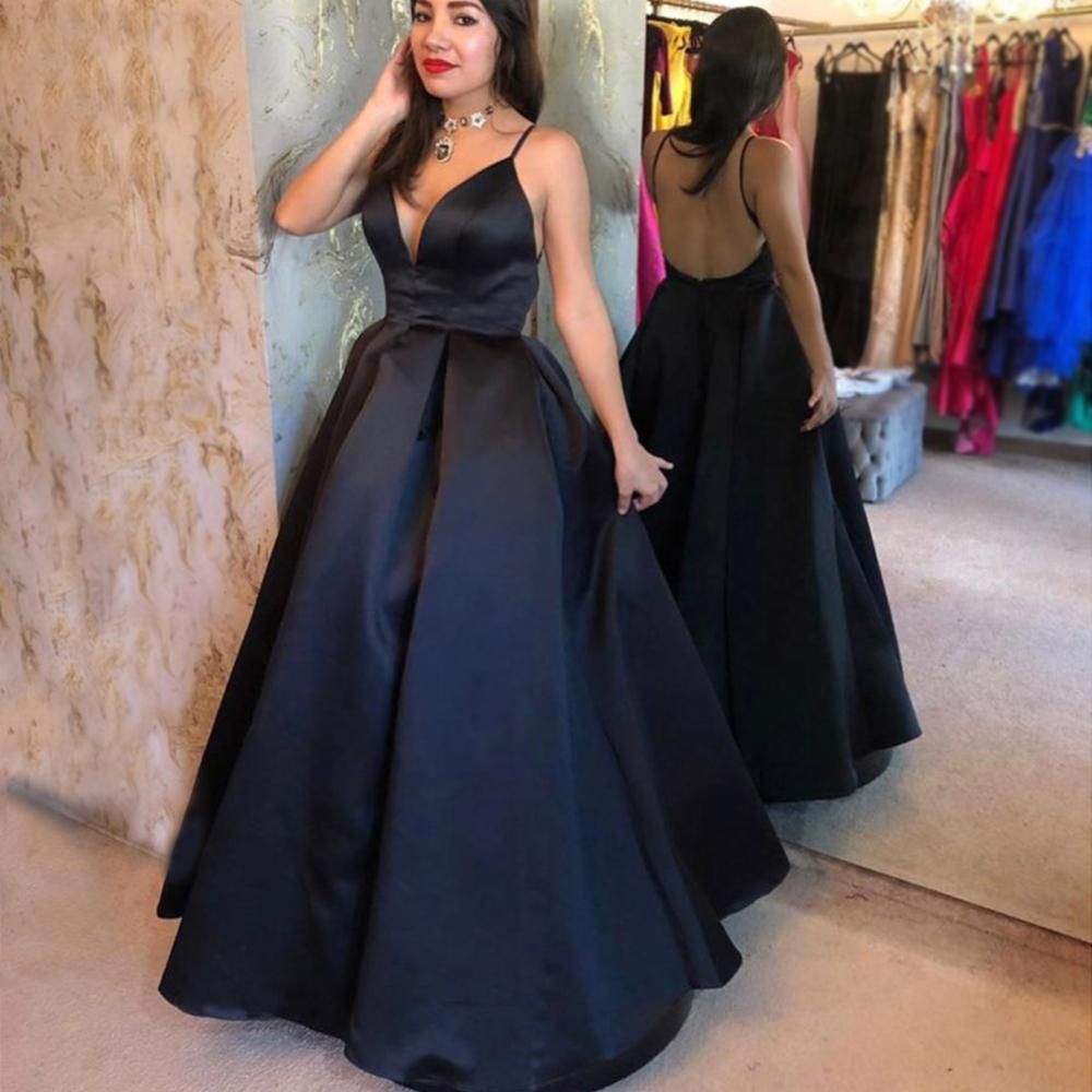 Compra Vestidos De Baile Vestidos De Noche De Correas Espaguetis Con Cuello  En V Una Línea De Raso Vestido De Espalda Abierta De Baile Vestido Largo  Del Partido Del Vestido Formal De