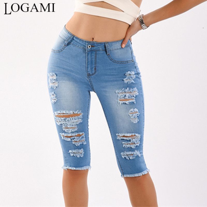 knee length ripped jeans