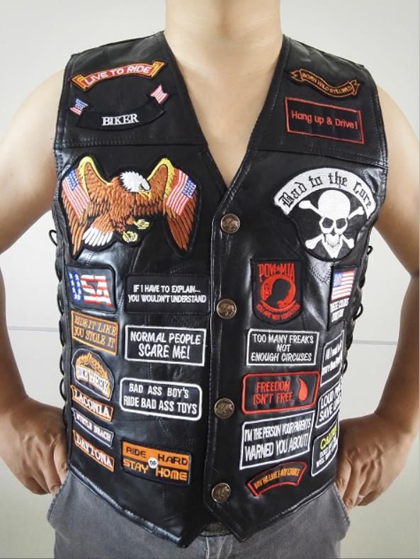 2021 Mens Black Genuine Leather Motorcycle Vest W 42 Patches Us Flag