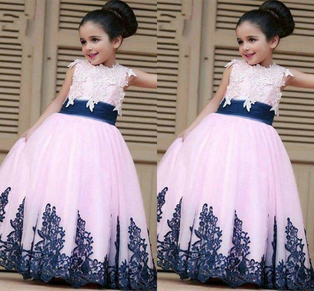 navy and pink flower girl dress