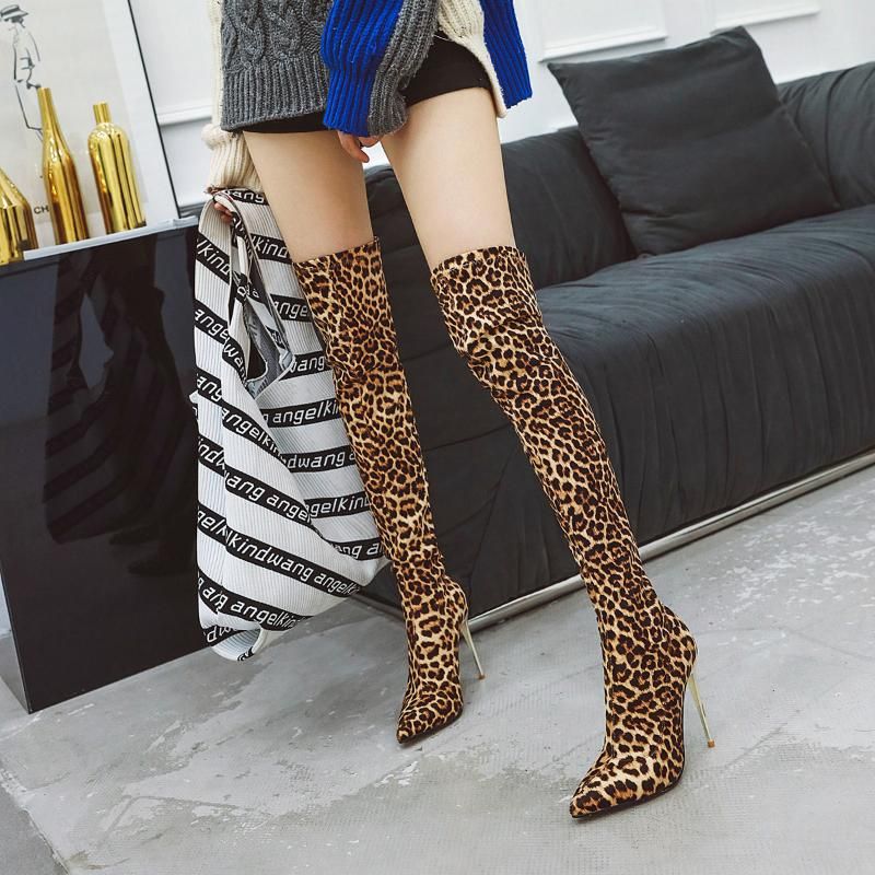 Compra 2020 Otoño E Invierno Nuevas Botas Sobre La Rodilla De La Rodilla  Piernas Flacas De Las Mujeres Leopardo Stiletto Botas De Mujer De Tacón  Alto Largo1 Barato | Entrega Rápida Y