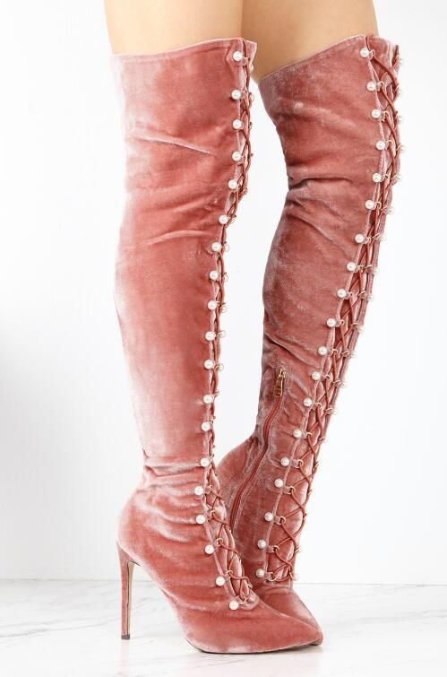 pink velvet knee high boots