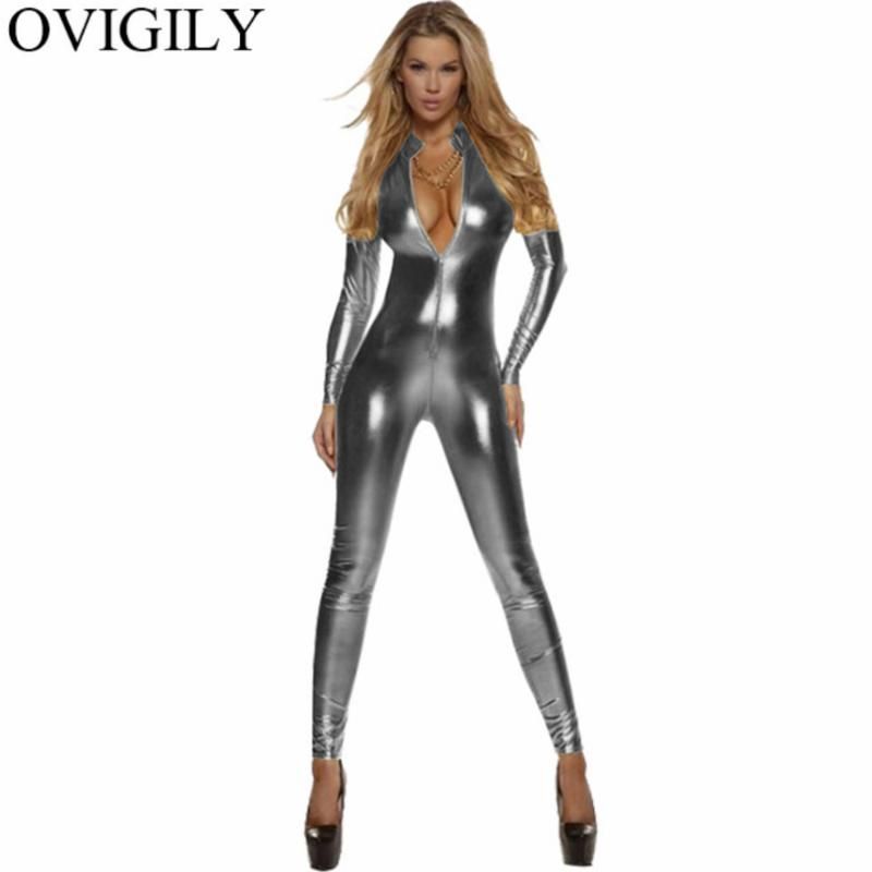 Espinas escalar pistón OVIGILY atractivos de las mujeres metálicas Unitard Catsuits chicas Negro Plata Oro del cuello alto de Espinas escalar pistón OVIGILY atractivos de las mujeres metálicas Unitard Catsuits chicas Negro Plata Oro del cuello alto de