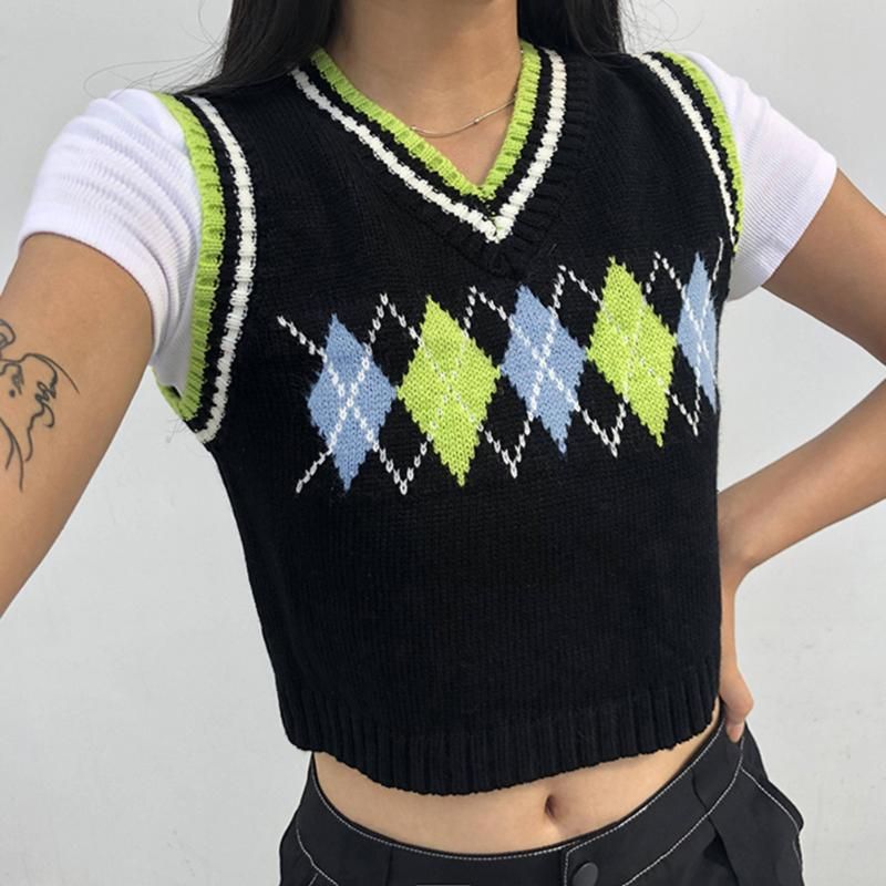 Suéteres de -wish femenina 90s suéter chaleco streetwear ropa raya cuello en v cosechado ropa