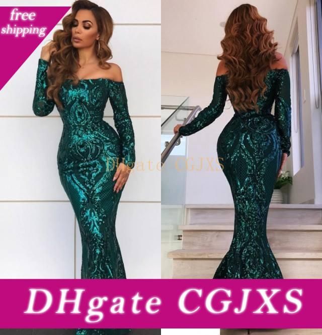 long sleeve emerald green prom dress