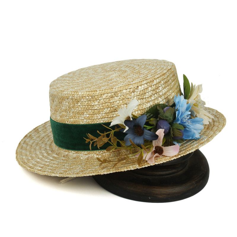 100% Wheat Straw Wome Sun Hat for Lady Summer Beach Flat Hawai Sunbonnet Pork Pie Hat Shell Belt Size