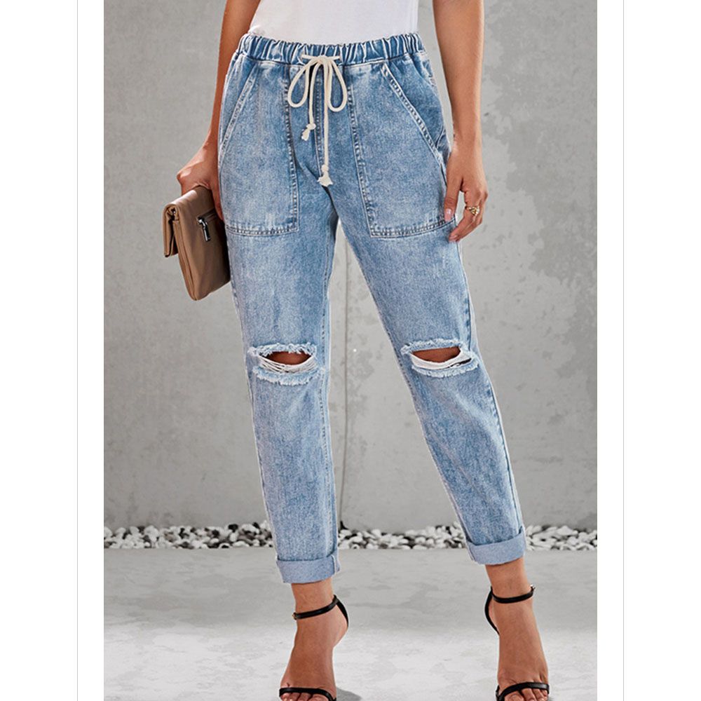 Compra S 2XL De Cintura Alta Pantalones Holgado De La Rodilla Agujero De  Las Mujeres Pantalones Capris Grandes Pantalones De Pierna Recta Mujer  Elástico De La Cintura De Los Pantalones Vaqueros DLM786209