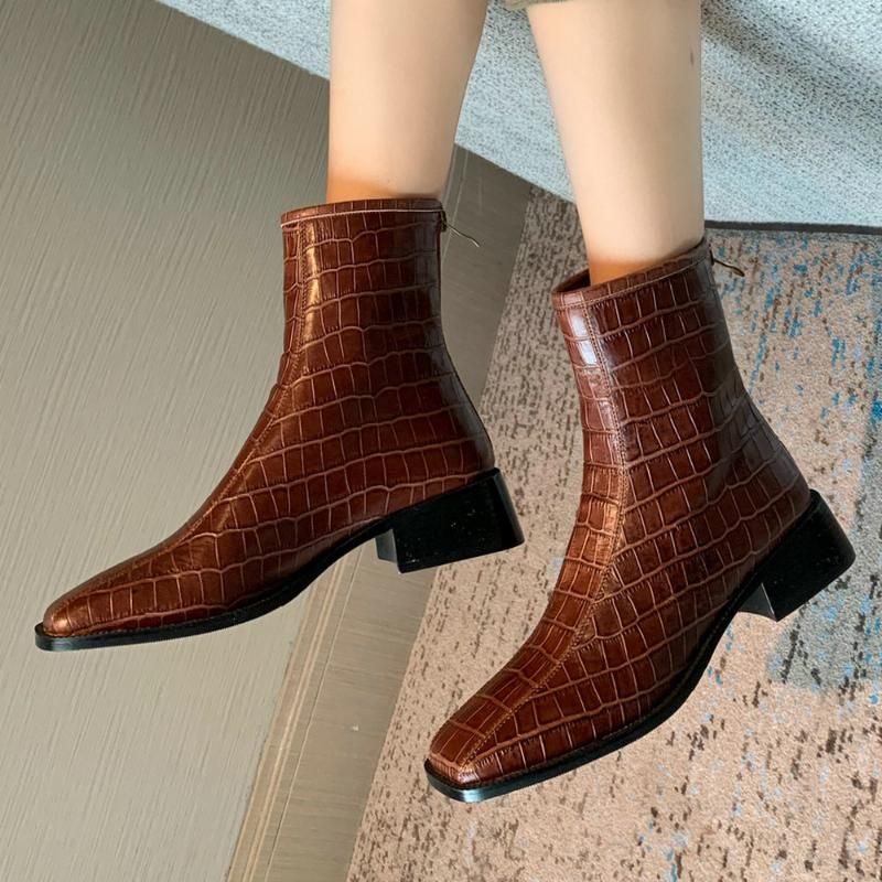 Square Toe Crocodile Leather Ankle Boots Women Fashion Square Heel Black Brown Genuine Leather Short Boots Female Fashion Retro Platform Boots Chelsea Boot From Sliuy 74 46 Dhgate Com