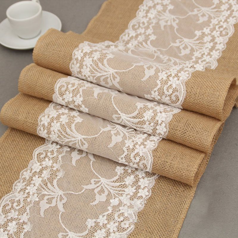 Hessian Lace Table Runner Tablecloth 275X30CM Vintage Lace Burlap Linen