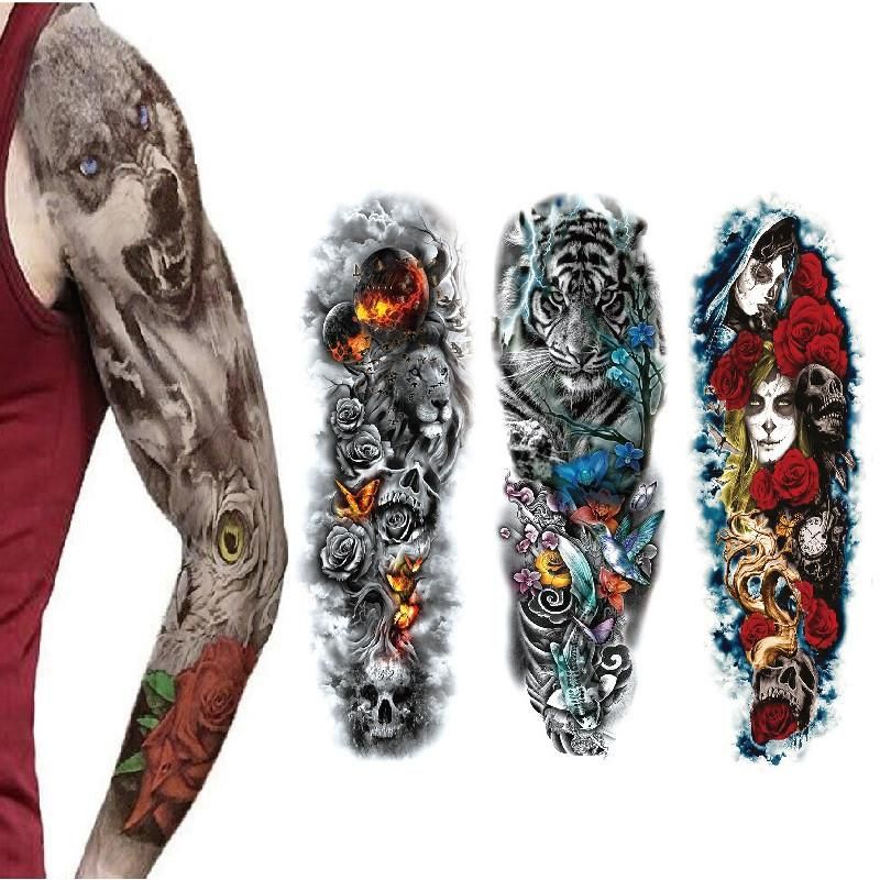 Large Arm Sleeve Tattoos Midnight Leopard Beauty Girl Waterproof Temporary Tattoo Sticker Moonlight Rose Full Skull