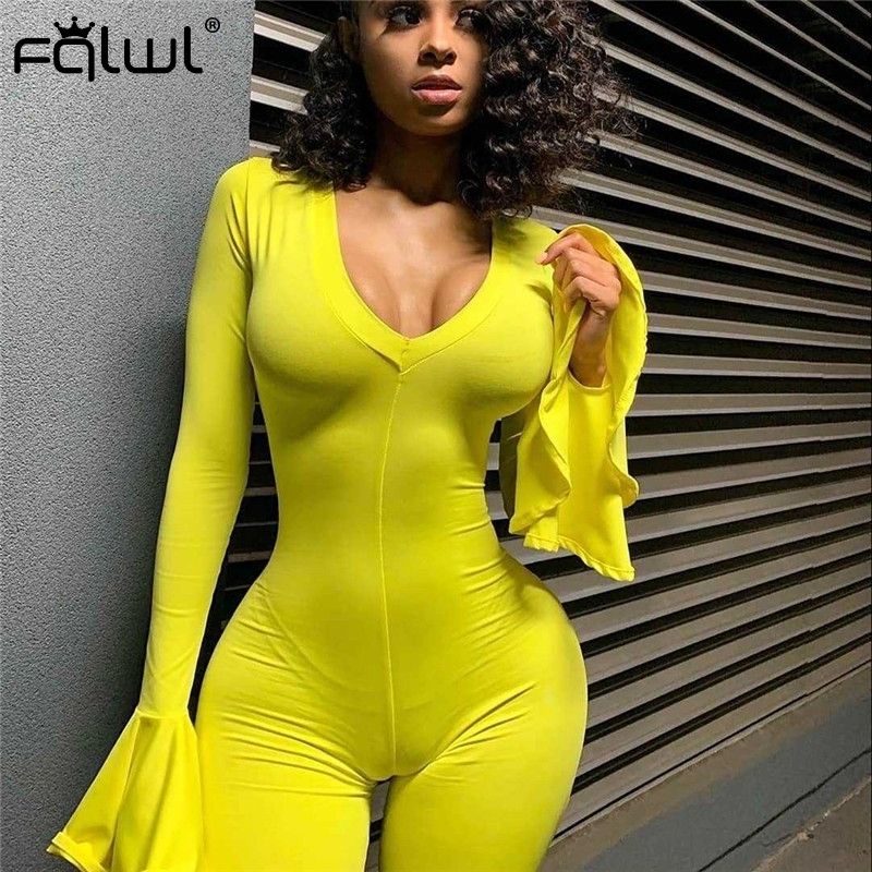 Compre FQLWL Outono Grande Leg Sexy Bodycon Jumpsuit Mulheres Macacões  Alargamento Da Luva Magro Romper Mulheres Yellow Longa Das Senhoras Macacão  Feminino T200824 Barato | Entrega Rápida E Qualidade | Pt.Dhgate