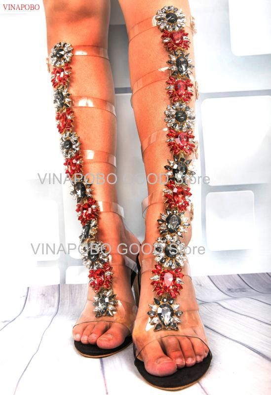 rhinestone knee high gladiator sandals