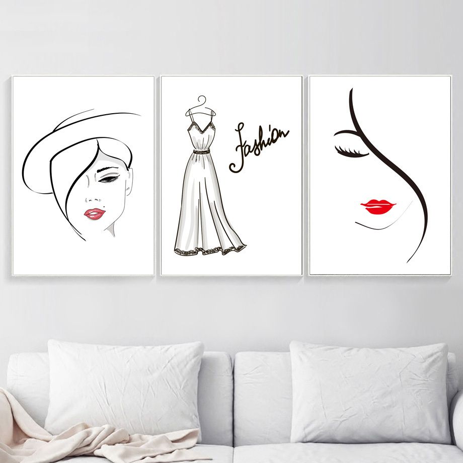 Cartoon Red Lips Fashion Girl Dress Wall Art Canvas Painting Posters And Prints Black White Wall Cartoon Red Lips Fashion Girl Dress Wall Art Canvas Painting Posters And Prints Black White Wall