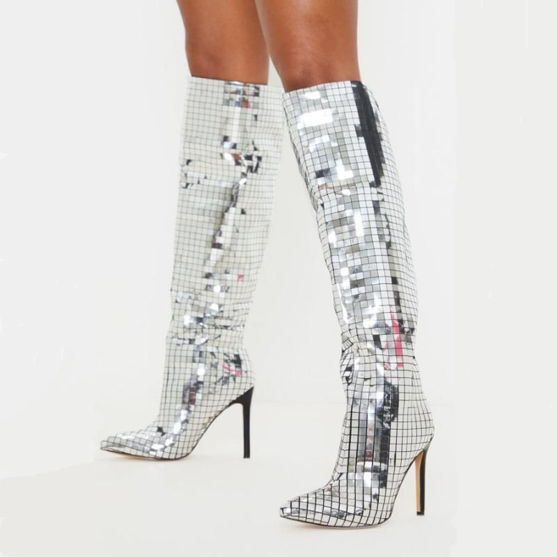 Fashion Mirror Sequin Knee High Boots Women Super High Heels Long Boots