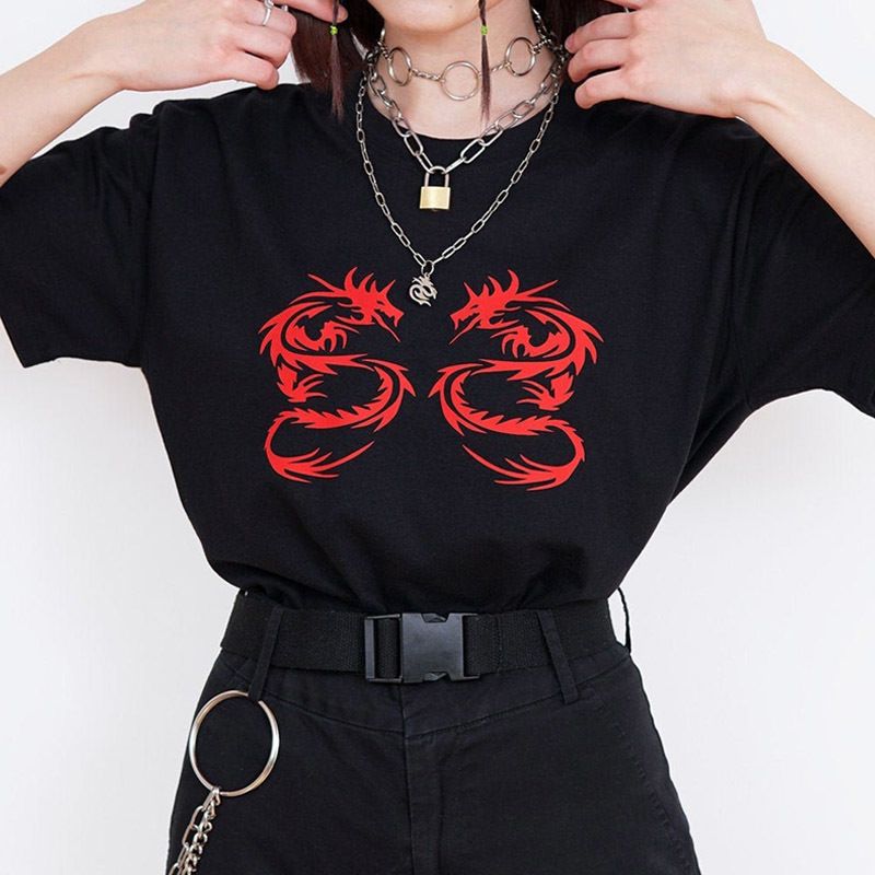 Dragón camiseta estéticos punk gótico de impresión T Shirt para la Mujer