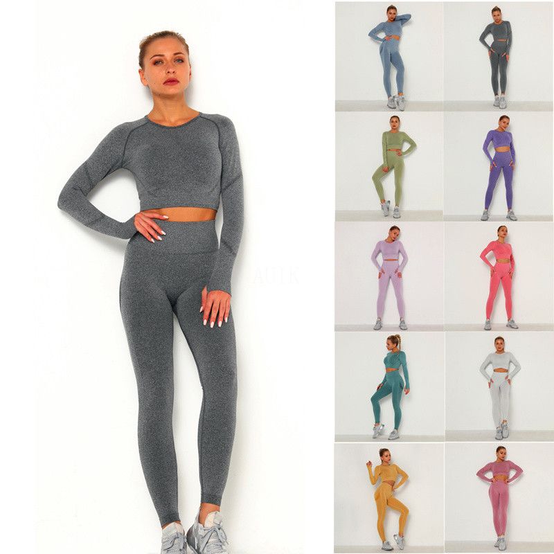 Dames 10 kleuren training sets 2 stuks pakken fitness trainingspak lange  mouw yoga stretch sport gym