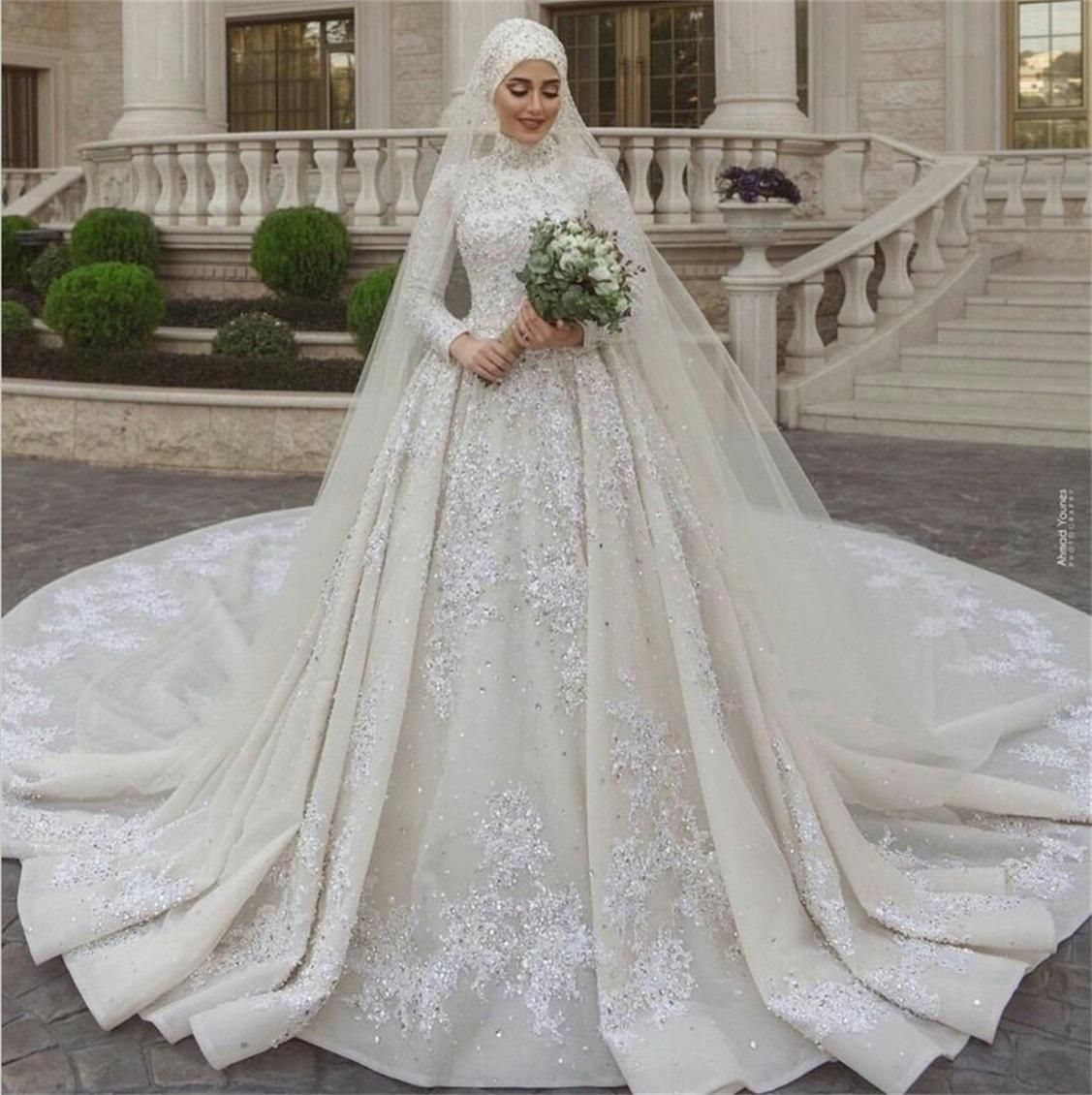 Luxury Muslim Wedding Dresses High Neck 