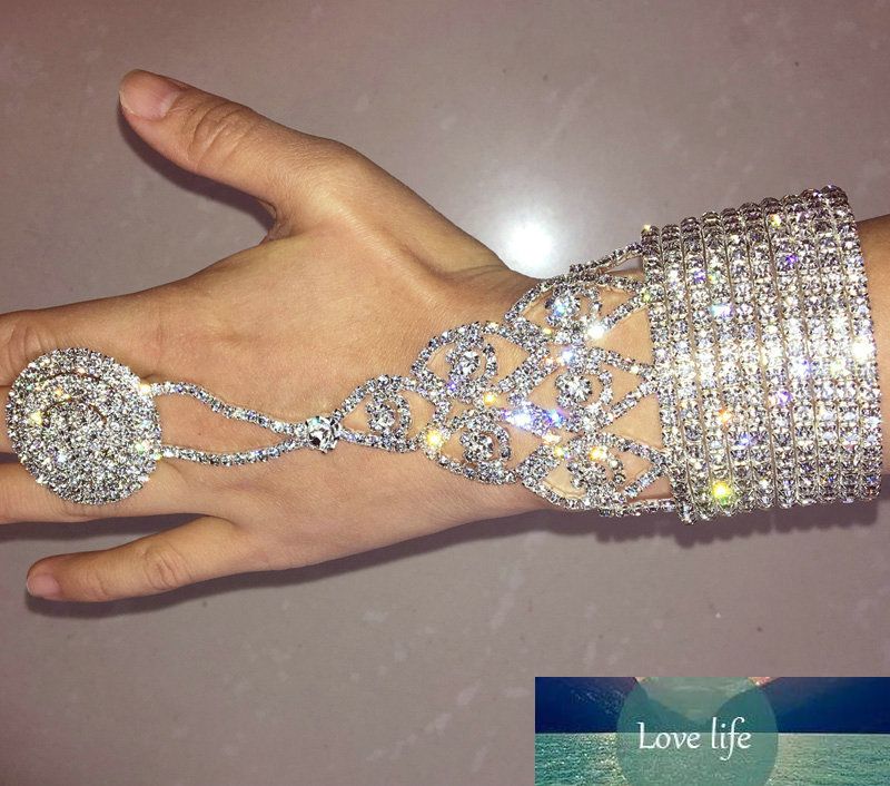Silver Clear White Crystal Rhinestone Wedding Slave Hand Chain Ring Bracelet 