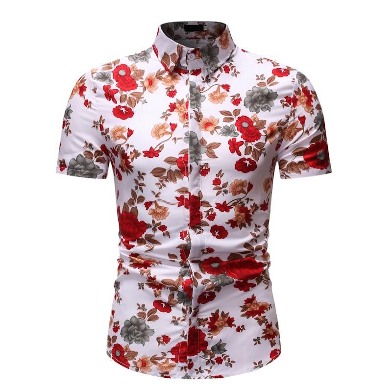 Short Sleeve Floral Printing Slim Casual Hawaiian Blouse Tops Eolgo Mens Fashion Summer Shirts 
