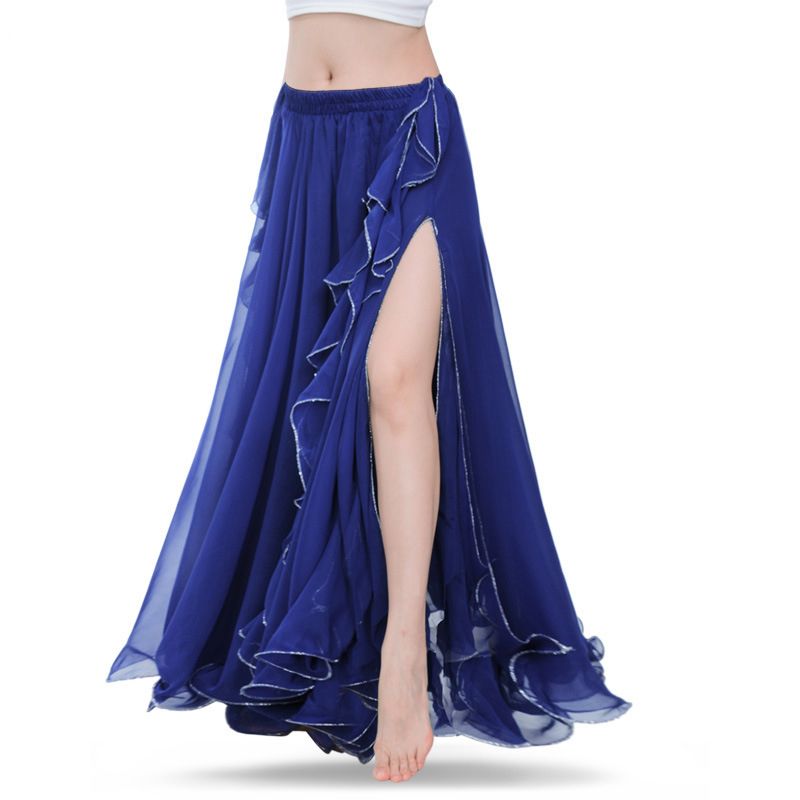 Royal Blue Belly Dance Faldas Oriental Doble Alta ranuras del vientre Falda para las mujeres