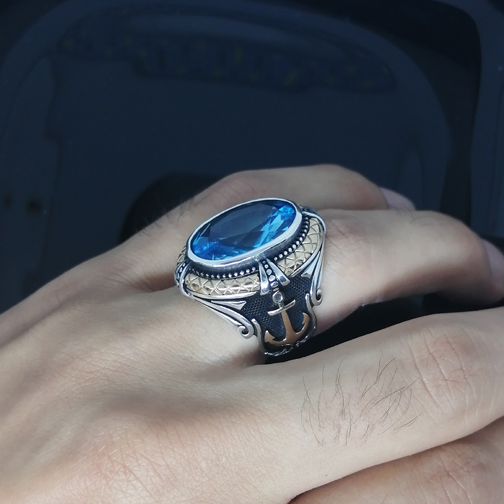 11x9 mm de plata esterlina 925 marzo Aqua Marine Piedra Solitario Anillo de Hombre Talla 7-14 