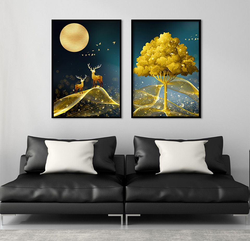 Modern Golden Abstract Deer Tree Bird Wall Art Canvas Painting For Home Decor Modern Golden Abstract Deer Tree Bird Wall Art Canvas Painting For Home Decor