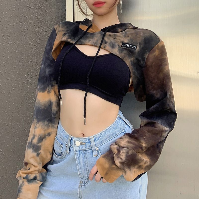 Compra Tie Dye Loose Crop Top Carta De Capucha Bordada Sweinshirt Gótica De  Manga Larga Mujeres De Autumno Barato | Entrega Rápida Y Calidad | Es.Dhgate