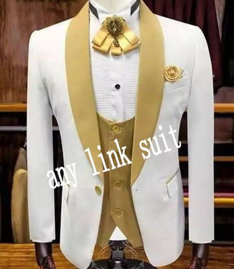 Popular One Button Ivory Groom Tuxedos Gold Shawl Lapel Groomsmen Mens Suits Wedding/Prom/Dinner
