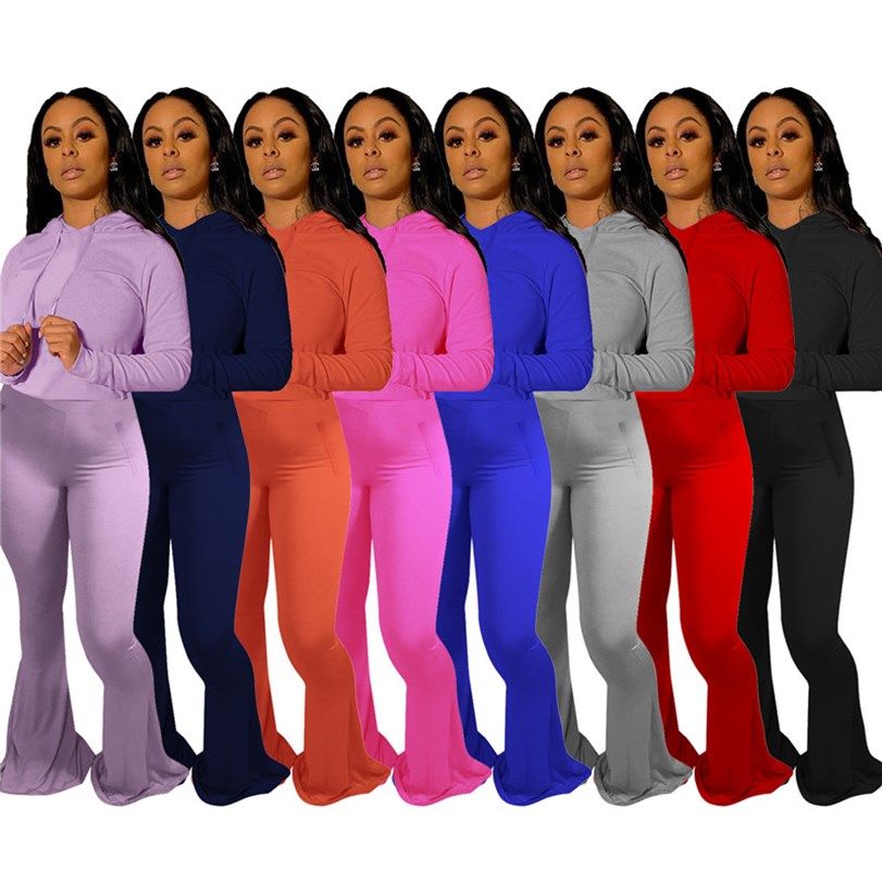 2020 Women Solid Color Bootcut Pants Fall Casual Clothing Sets Jogger Suit Plain Hoodies Flare