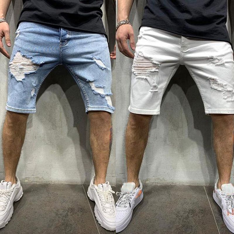 2020 Summer Men White Skinny Ripped Denim Shorts Fashion Destroyed ...
