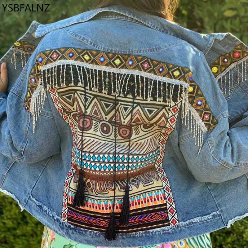 Chaquetas mujer Boho Denim Beading Chaqueta Bordado Vintage Mujeres Folk Abrigo Extrelido Abrigo