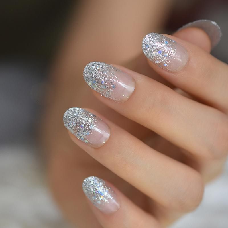 Colorful Laser Silver Glitter Clear French False Fake Nails Holo Round Press On Finger Daily Wear Uv Nail Tip From Dangdangqiu 11 37 Dhgate Com