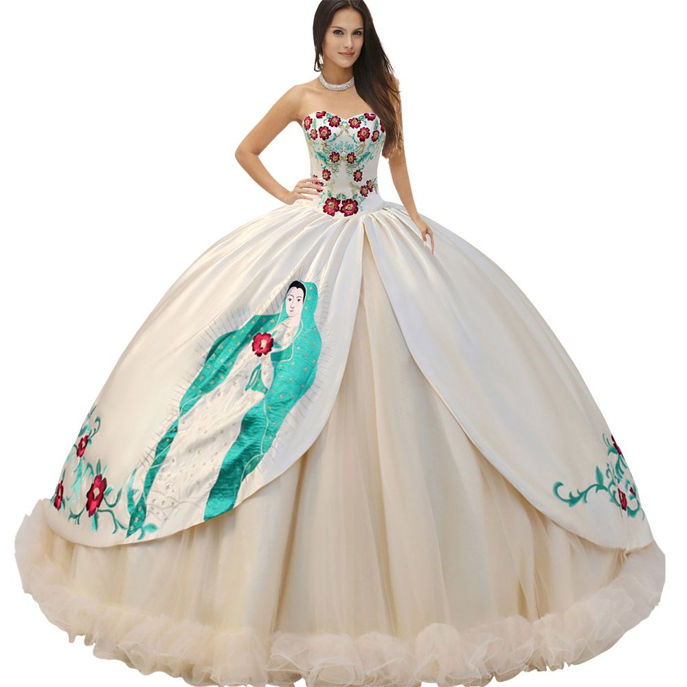 Sweetheat Beaded Basque Bodice Virgen De Guadalupe Quinceanera Dress Vestidos Religious Split Satin Overlay With Embroidered Ruched Hemline Sweetheat Beaded Basque Bodice Virgen De Guadalupe Quinceanera Dress Vestidos Religious Split Satin Overlay With Embroidered Ruched Hemline