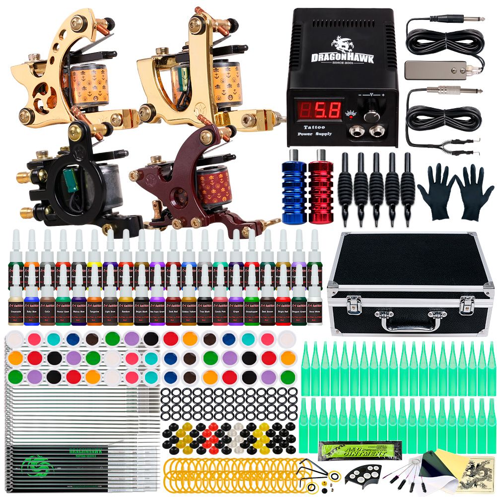 Dragonhawk Tattoo Kit 4 Guns Inks Power Supply Needles Tips With Carry