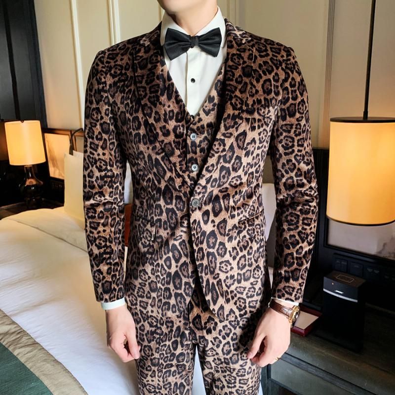 Mens Leopard Print Suit Velvet Wedding Dinner Formal Prom Dress Suits 3  Pieces