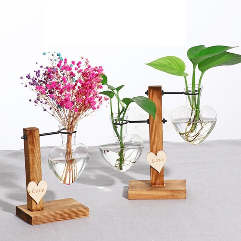 Love Heart Clear Glass Hydroponic Flower Vase Container w/Wooden Stand Decor 