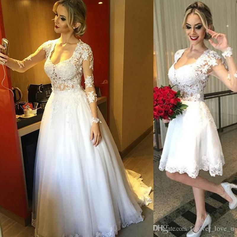 Discountsexy Two In One Wedding Dress Scoop Neck Illusion Long Sleeves Sheer Top Detachable Long Over Skirt Short Bridal Gowns Lace Appliques From Wanshaqin 138 31 Dhgate Com Discountsexy Two In One Wedding Dress Scoop Neck Illusion Long Sleeves Sheer Top Detachable Long Over Skirt Short Bridal Gowns Lace Appliques From Wanshaqin 138 31 Dhgate Com