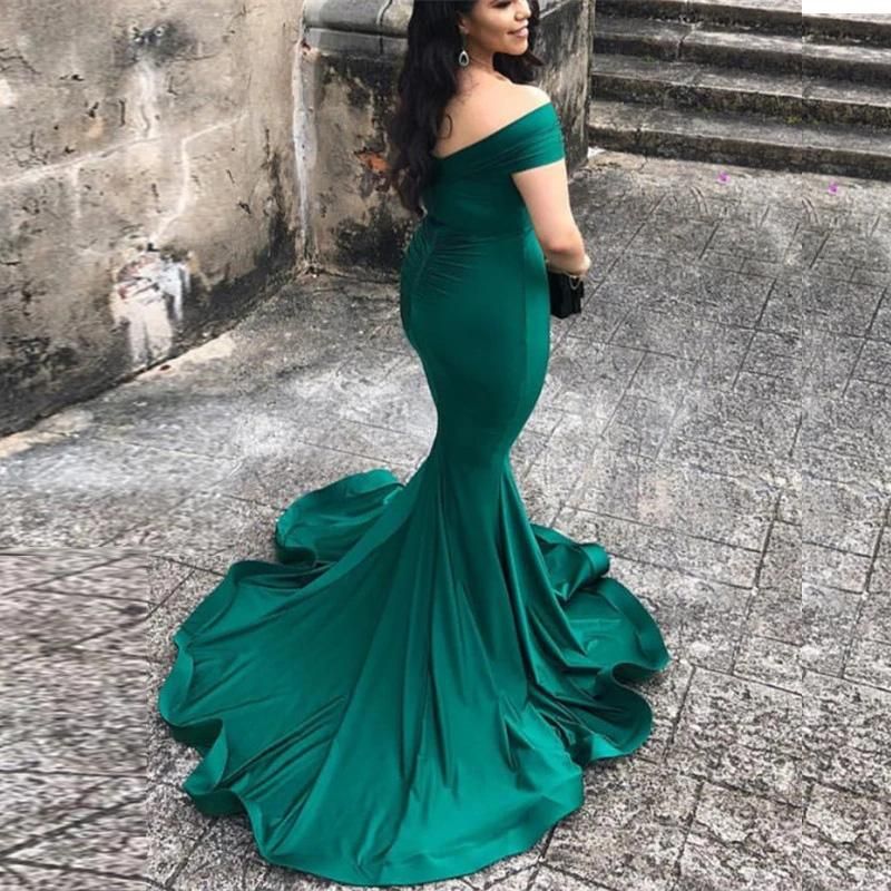 Compra Elegante Del Verde Esmeralda De La Sirena Vestidos De Prom Corte De  Tren Off The Simple Cuello Del Hombro V Llanura Del Partido Del Vestido  Vestidos De Noche Barato | Entrega