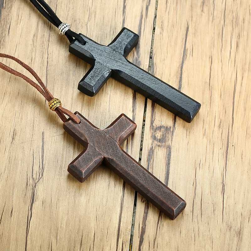 Wholesale Wooden Cross Necklace On Leather Cord For Men Pendant In