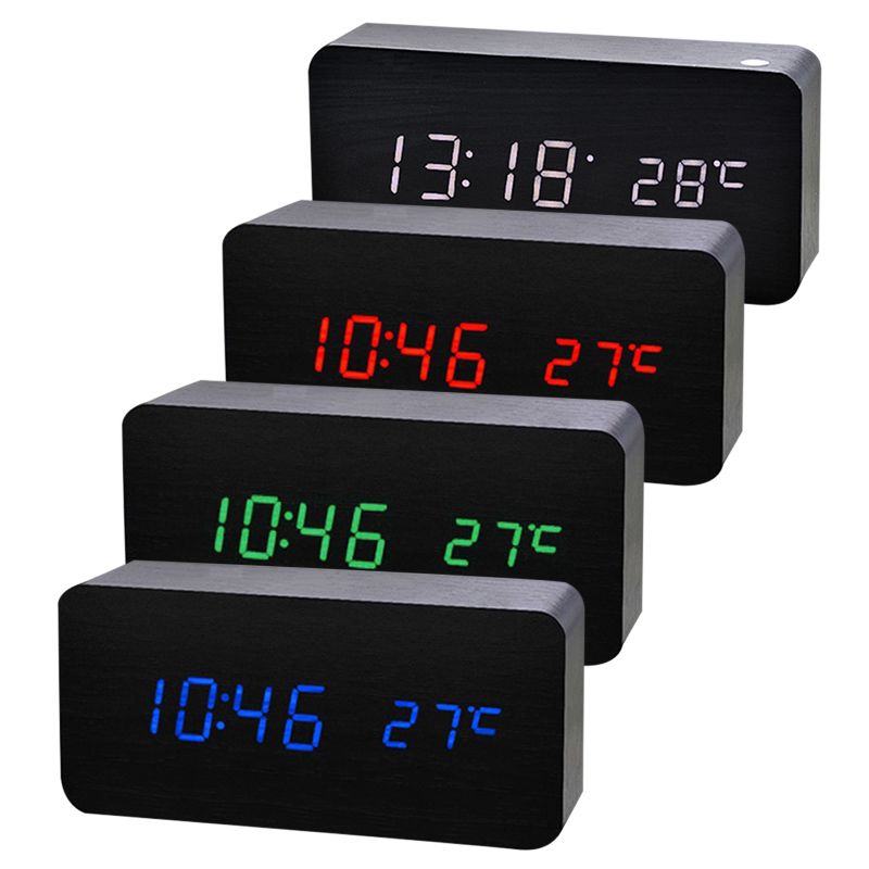 2020 LED Alarm Clock Wooden Digital Temperature Electronic Sounds