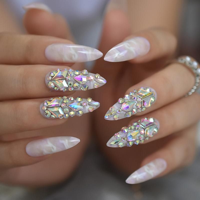 Gorgeous Luxury Press On Nails Extra Long Light Marble Colorful Crystal Faux Ongles With Large Rhistones Ab Perfect Party From Dangdangqiu 15 63 Dhgate Com