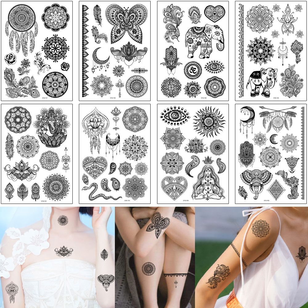 Henna Tattoo Sticker Fake Black Sexy Flower Lace Dreamcatcher Elephant  Bracelet Feather Design For Woman Temporary Waterproof Body Tattoo 3D From  Homimly, $0.89 | DHgate.Com