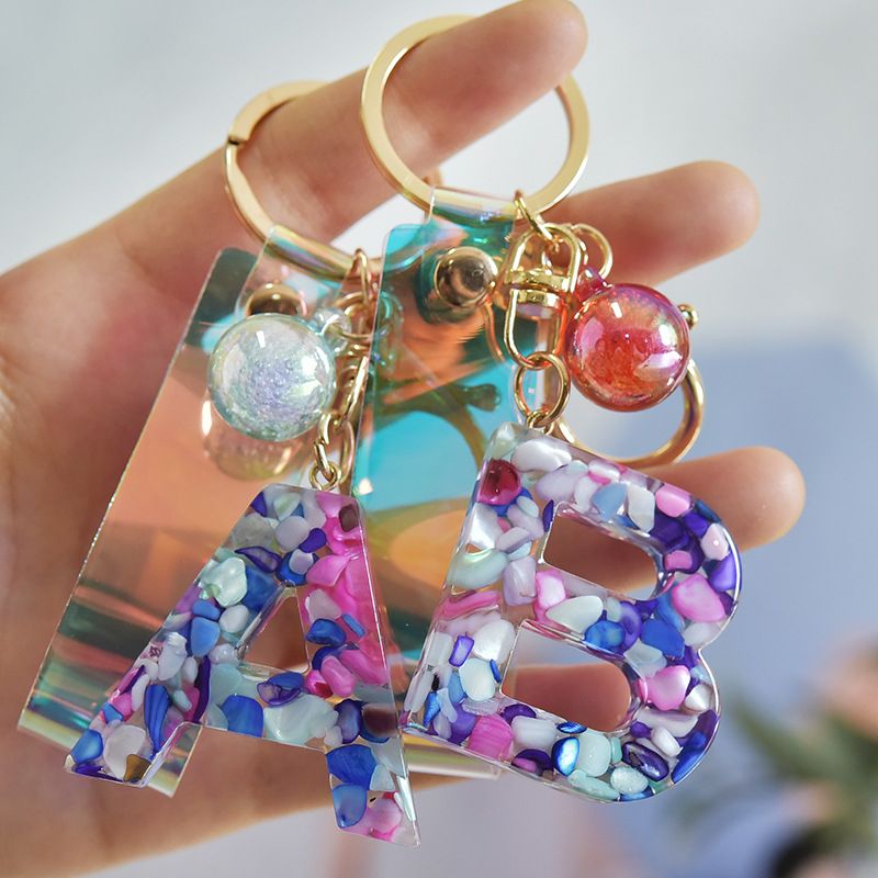 Servicio regalo envase Cadenas de llavero de acrílico inicial Moda A-Z letra brillo resina  colgante coche llaveros correa perlas