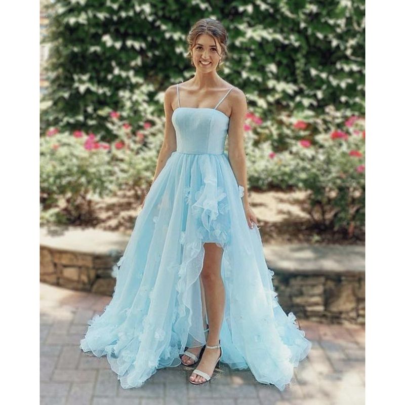 Bonitos vestidos formales vestido de luz del cielo azul de flores hechas a mano vestidos de baile Una línea de correas espaguetis Partido aplicaciones florales 3D de noche largos Bonitos vestidos formales vestido de luz del cielo azul de flores hechas a mano vestidos de baile Una línea de correas espaguetis Partido aplicaciones florales 3D de noche largos