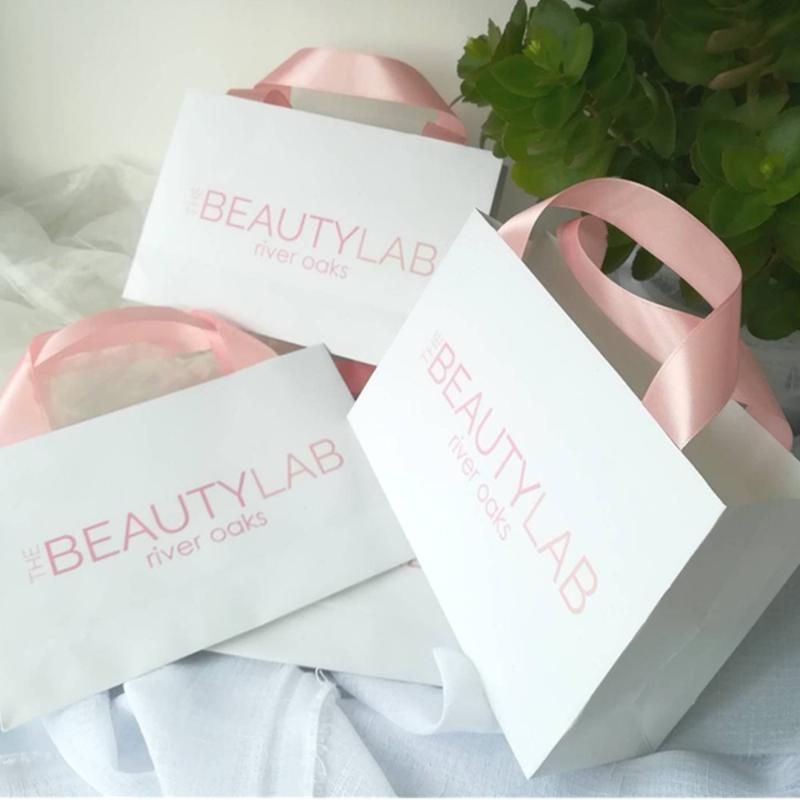 Wrap de regalo Bolsas de personalizadas con cinta de satén rosa claro 20 * 14 * 7 cm Pequeña bolsa de papel personalizada para regalos de negocios, presentación