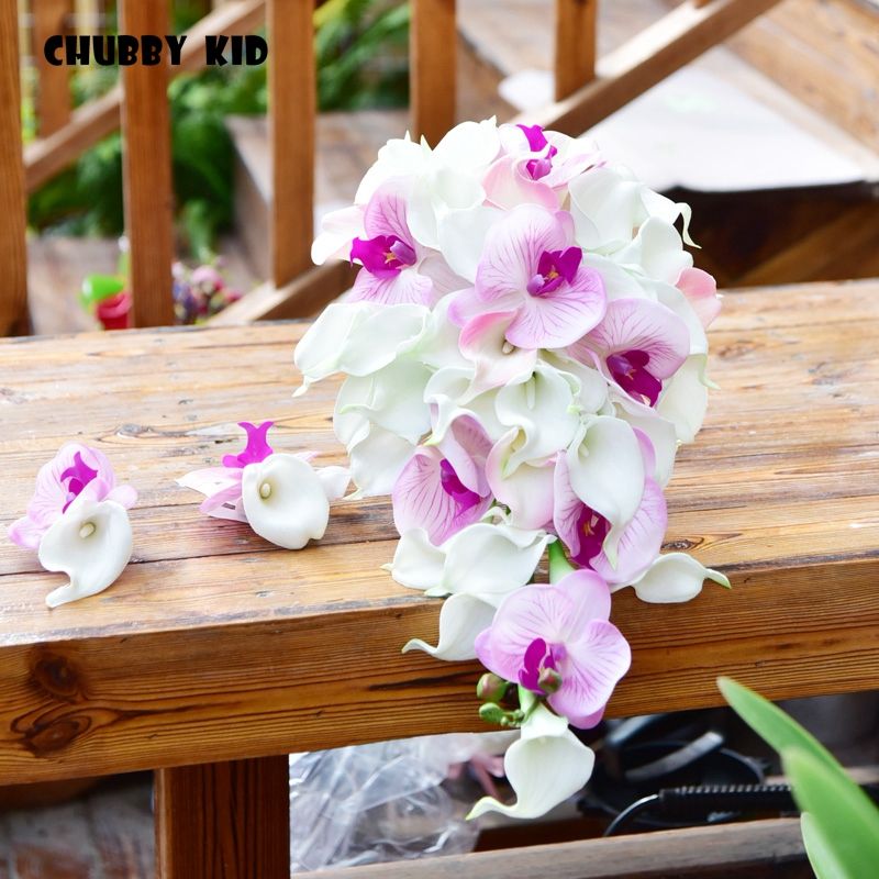 Nuevo! Larga PU artificial cala flores de orquídeas de sujeción forma de  lágrima de la boda
