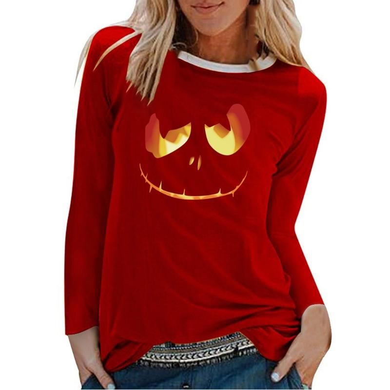 2020 Womens Halloween Top Loose Long Sleeve V-Neck Mid-Length Printed T-Shirt