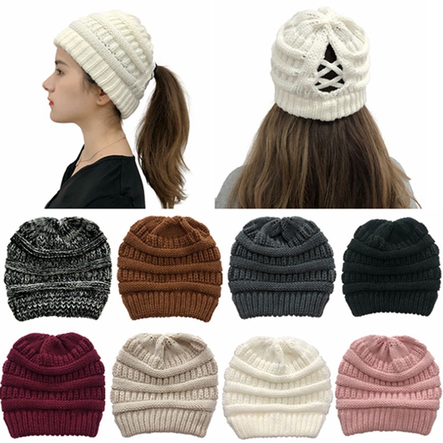 Cross Ponytail Knitting Hat Women 